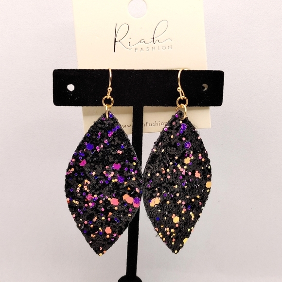 Black & Purple Sequin Glitter Drop Earrings | Statement Dangle - Picture 3 of 5